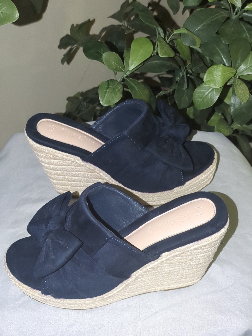 PiePieBuy Navy Bow Espadrille Wedges